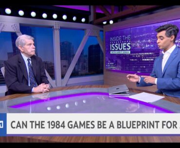 Zev Yaroslavsky apearing on “Inside the Issues“ news segment with Amrit Singh on Spectrum News 1. They sit across from each other on the tv news set.