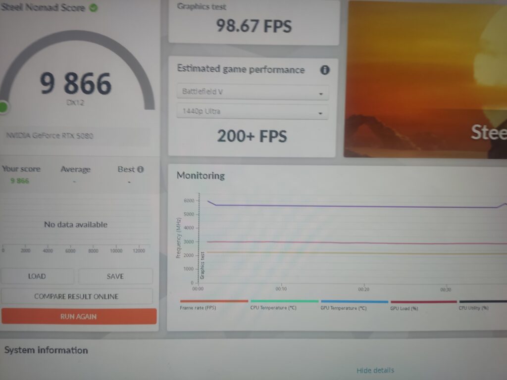 Today my my personal record. 9866 points in 3dmark steel nomad benchmark with my rtx 5080 and my i-9-14900kf.