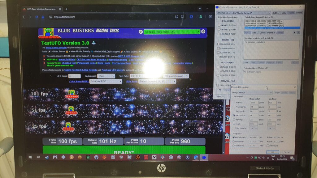 Overclocked laptop screen from 60hz to 101hz