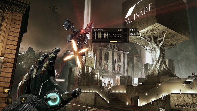 Adam Jensen being attacked by a drone in Deus Ex: Mankind Divided
