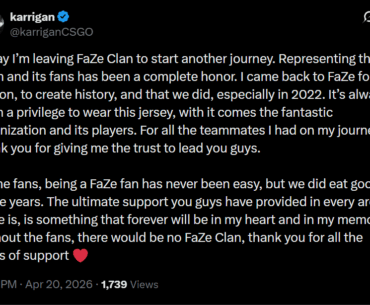 Karrigan's statement after leaving FaZe Clan