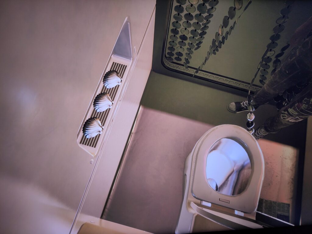 V has 3 seashells instead of toilet paper.