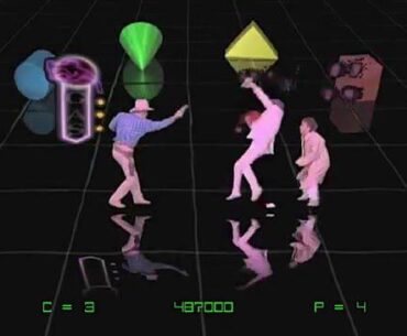 "Time Traveller" - 1991 Arcade Hologram game (using Pepper's Ghost mirror-illusion). Men appeared like holograms against dark background.