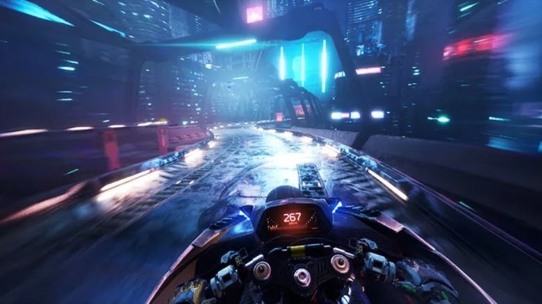 The player character riding a motorcycle in Ghostrunner 2