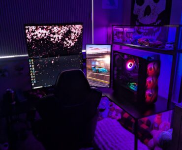 here's my new battlestation, put my dogs bed under so he can come hang out while I play games