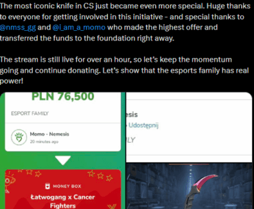 The legendary Motar2k Karambit will be going to momo the owner of Nemesis for approximately 18000Eur (21k USD) towards charity