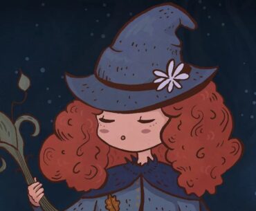 Songs of Glimmerwick key art - A witch with curly red hait wears a pointy hat and closes her eyes while singing to a plant