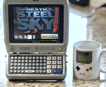The weirdest device I'm gaming on today: an Intermec CV30 industrial computer playing "Beneath A Steel Sky" on ScummVM