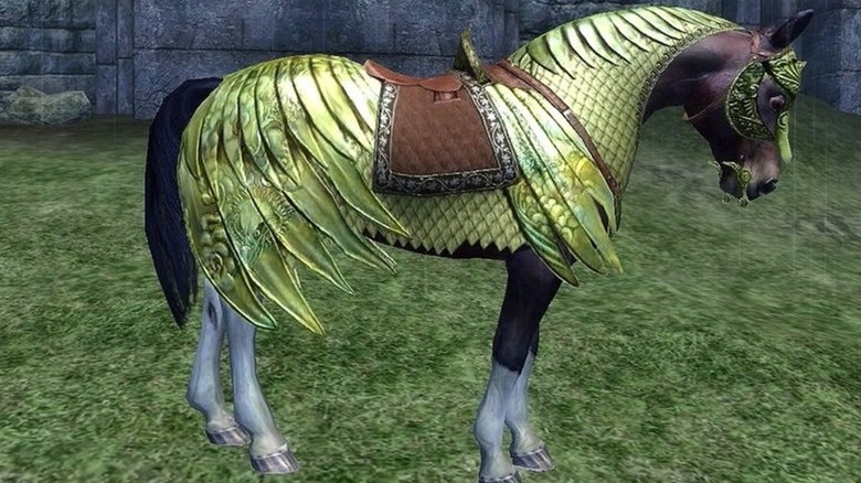 A horse wearing golden armor in 