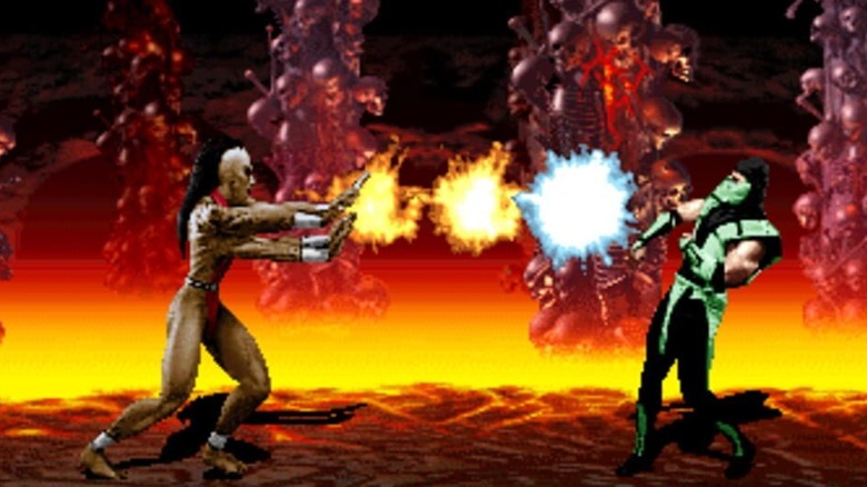 Sheeva and Reptile shoot energy blasts at each other in 