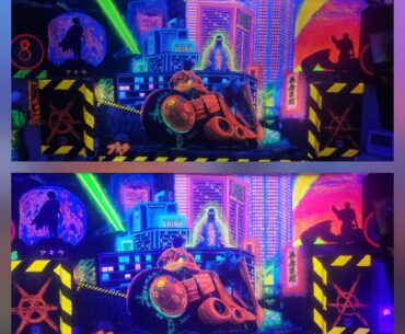Daylight. Blacklight. Darkness.. "Hand-painted UV cyberpunk upgrade of my Akira poster"
