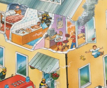 This children book illustration showing a young pcmasterrace member in a house fire
