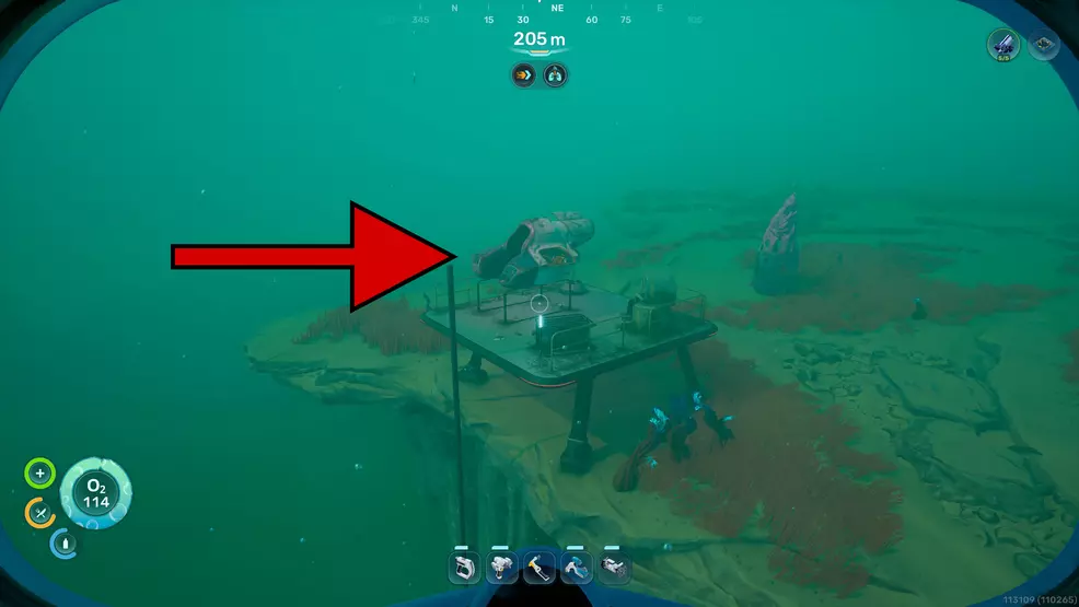A Tadpole Hull Chassis part on a railling in Subnautica 2.