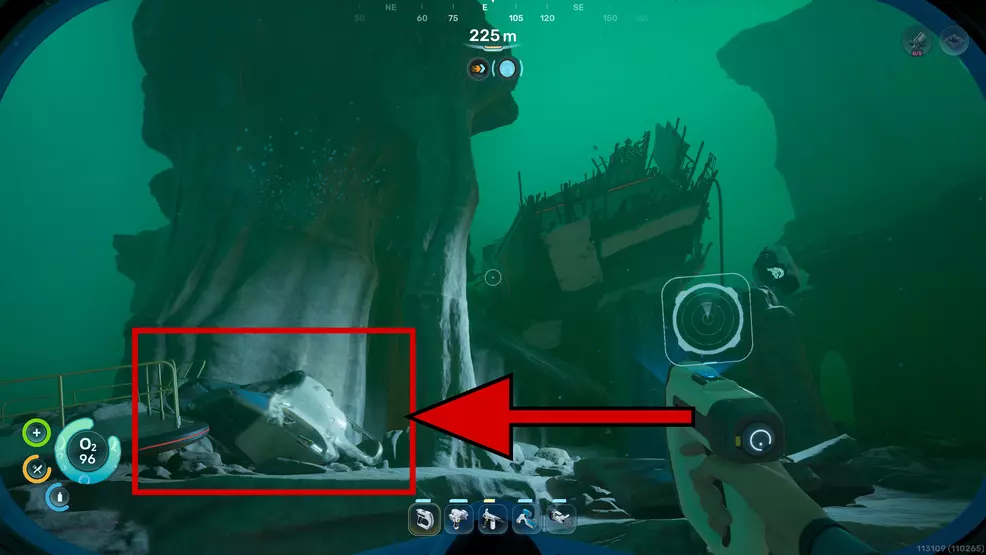A Tadpole Hull Chassis part near piece of ruined shapeship in Subnautica 2.