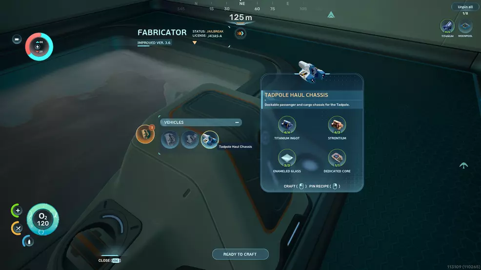 The crafting recipe for the Tadpole Hull Chassis in Subnautica 2.
