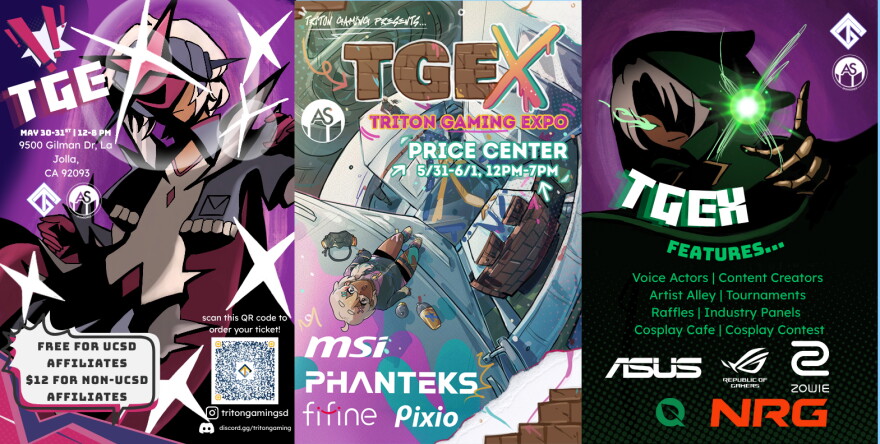 Artwork from previous Triton Gaming Expo, the first two posters designs are by Rachel Jackson, and the third is by Esme Kasavin.