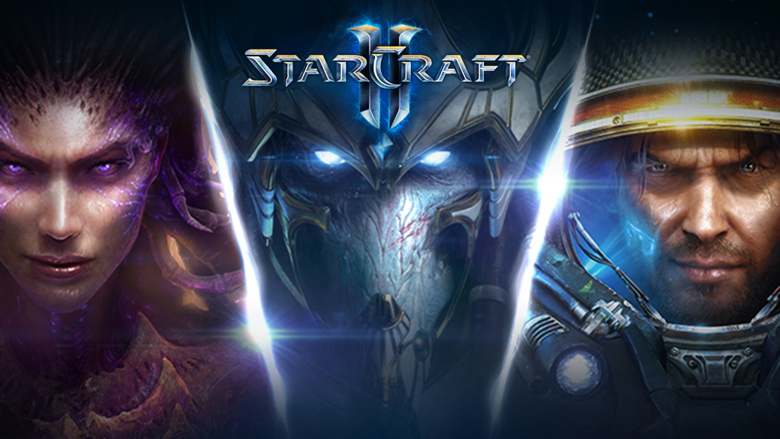 The StarCraft 2 logo above close up face images of (from left to right) Zerg (alien), Protoss (advanced alien), Terran (human).