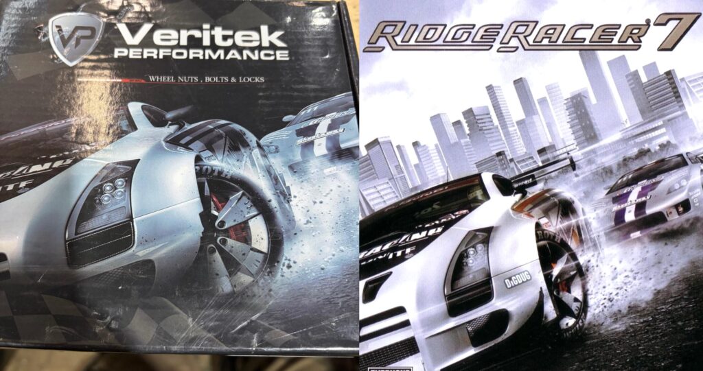 This box of lug nuts uses the artwork from the cover of Ridge Racer 7
