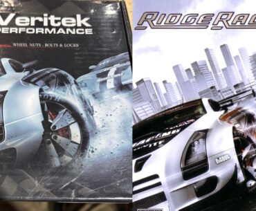 This box of lug nuts uses the artwork from the cover of Ridge Racer 7