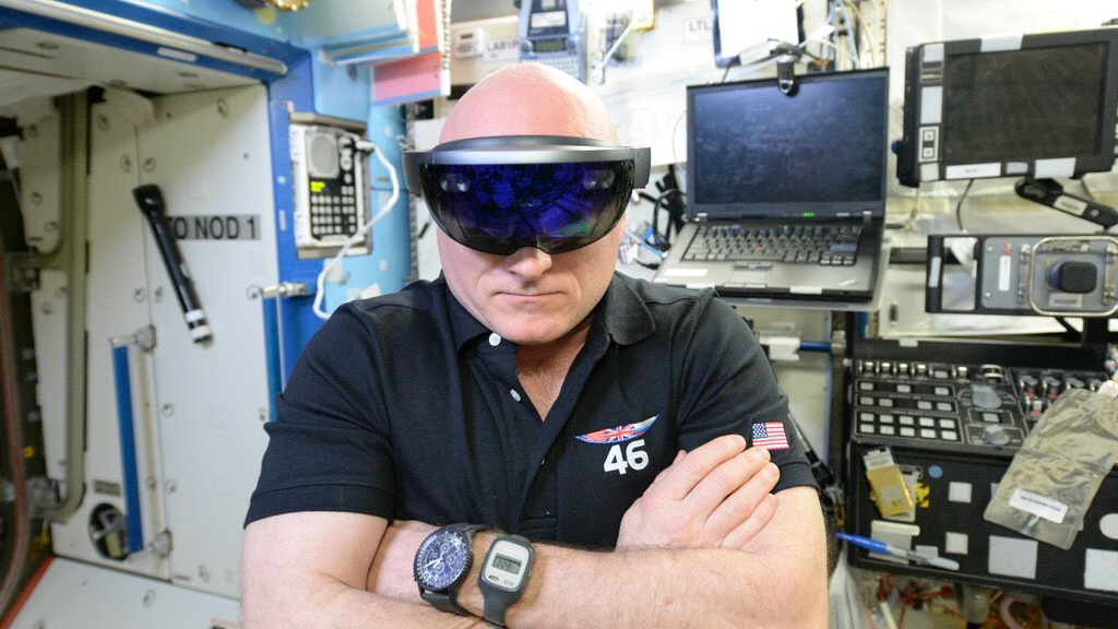 Scott Kelly aboard the ISS wearing a Hololens headset.