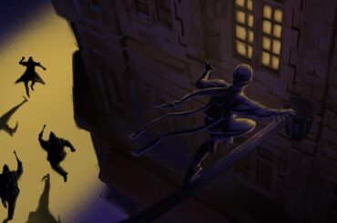 One thief climbs to a window as another is chased through the streets below