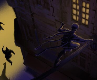 One thief climbs to a window as another is chased through the streets below