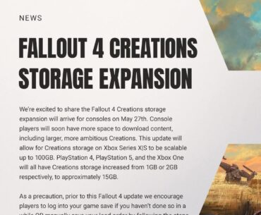 Fallout 4 increases mod storage on consoles: Xbox Series X/S up to 100GB (from 2), PS4, 5 and Xbox One up to 10-15GB