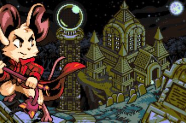 A gloomy, gothic-horror moody image of a young mouse-like humanoid with a whip prepares to explore an ancient castle in the middle of nowhere.