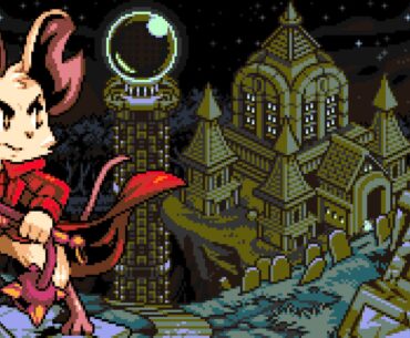 A gloomy, gothic-horror moody image of a young mouse-like humanoid with a whip prepares to explore an ancient castle in the middle of nowhere.