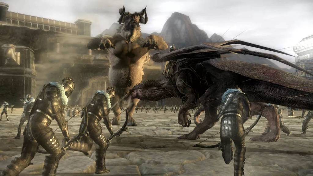 A dragon fighting a minotaur on a bridge in Lair.