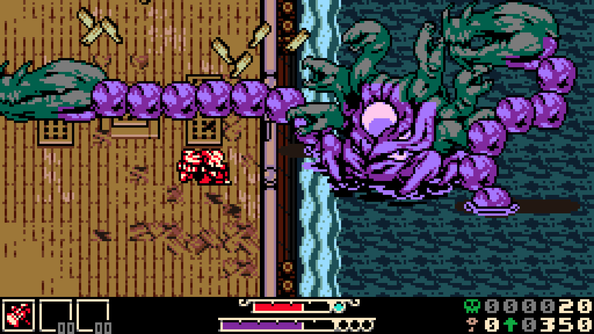 A red-colored mouse-like humanoid armed with a hammer is battling a giant sea monster with multiple T-Rex heads to stop it from destroying the ship the humanoid is currently standing on.