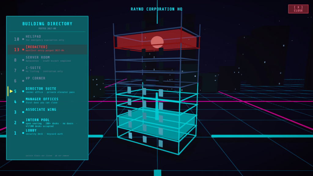 Climbing the corporate tower in a cyberpunk game where every floor is a promotion