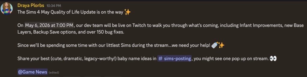 Sims 4 quality of life update message