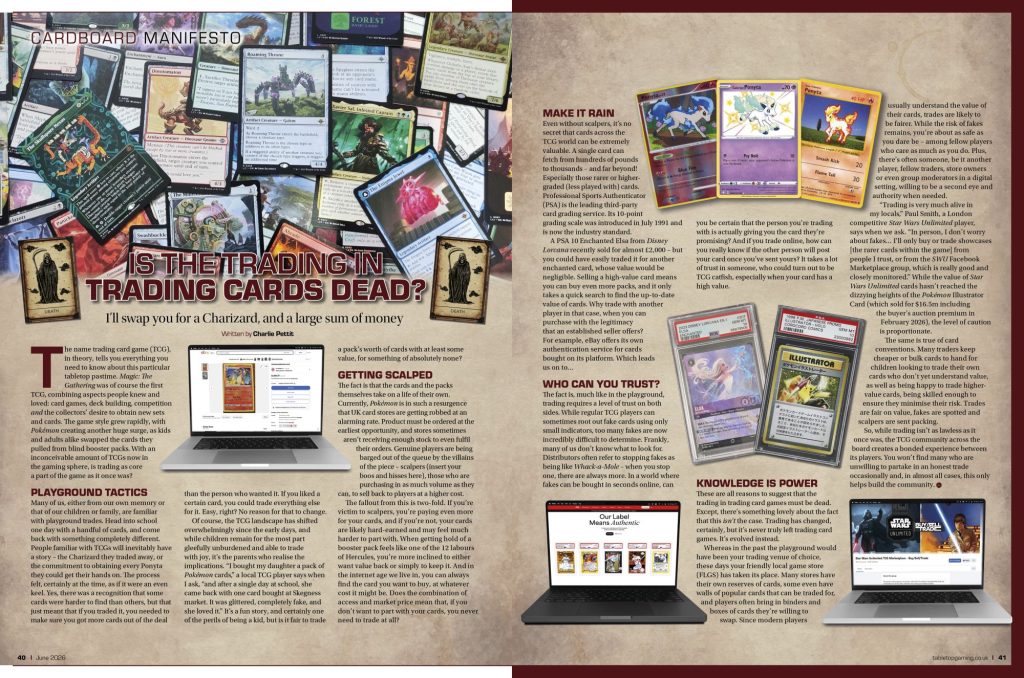 Tabletop Gaming magazine feature asking if people still trade cards in trading card games?