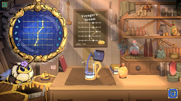 An enchanting alchemist’s workshop brims with magical curiosity in Tavern Talk Stories: Dreamwalker. A shimmering star map glows within a portal-like mirror on the left, while a fluffy creature with a flower on its head perches calmly on a table. Glass apparatuses, glowing blue liquids, and handwritten notes fill the space, hinting at potion-making or arcane experiments. Shelves lined with jars, constellation charts labelled “Voyager’s Dream,” and a bird nestled among blue blossoms add layers of whimsy and dreamlike wonder. Published on: LadiesGamers.