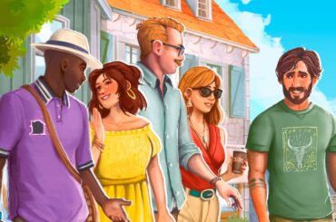Key art for Paralives showing a group of friends in bright clothes walking through a sunny, blue-skies town - cropped for a header image