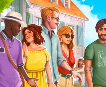 Key art for Paralives showing a group of friends in bright clothes walking through a sunny, blue-skies town - cropped for a header image