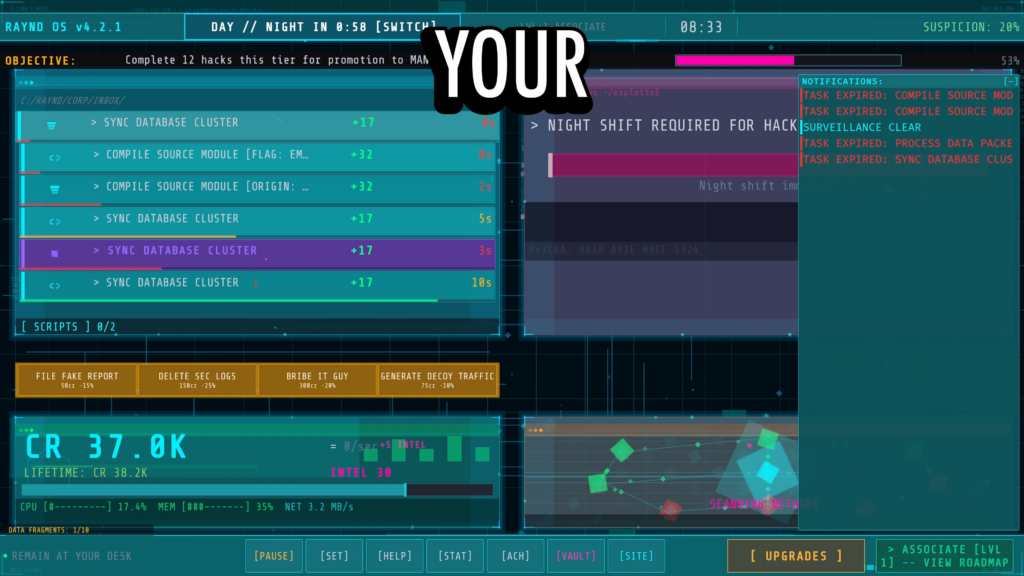 Corporate surveillance, terminal hacking, fake productivity. Demo out now.