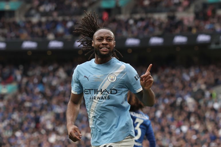 Manchester City's Antoine Semenyo celebrates after scoring the opening goal during the English FA Cup final soccer match between Chelsea and Manchester City in London, Saturday, May 16, 2026. (AP Photo/Richard Pelham)