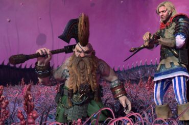 Gotrek and Felix beneath a purple sky