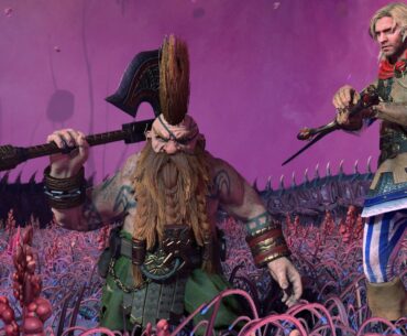 Gotrek and Felix beneath a purple sky
