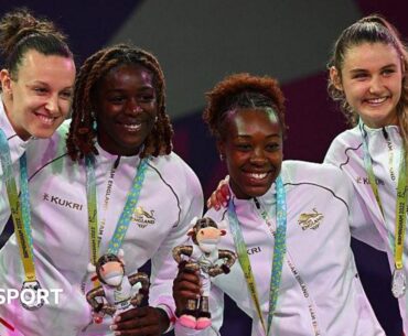 England women 3x3 basketball team collecting their silver medals at the 2022 Commonwealth Games