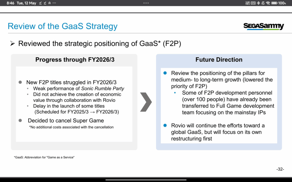 According to Sega’s quarterly report they have cancelled their “super game” and will also focus less on F2P titles According to Sega's quarterly report they have cancelled their "super game" and will also focus less on F2P titles