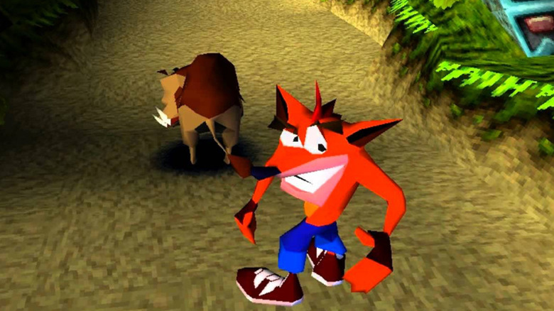 Crash Bandicoot runs by a warthog through the jungle in 