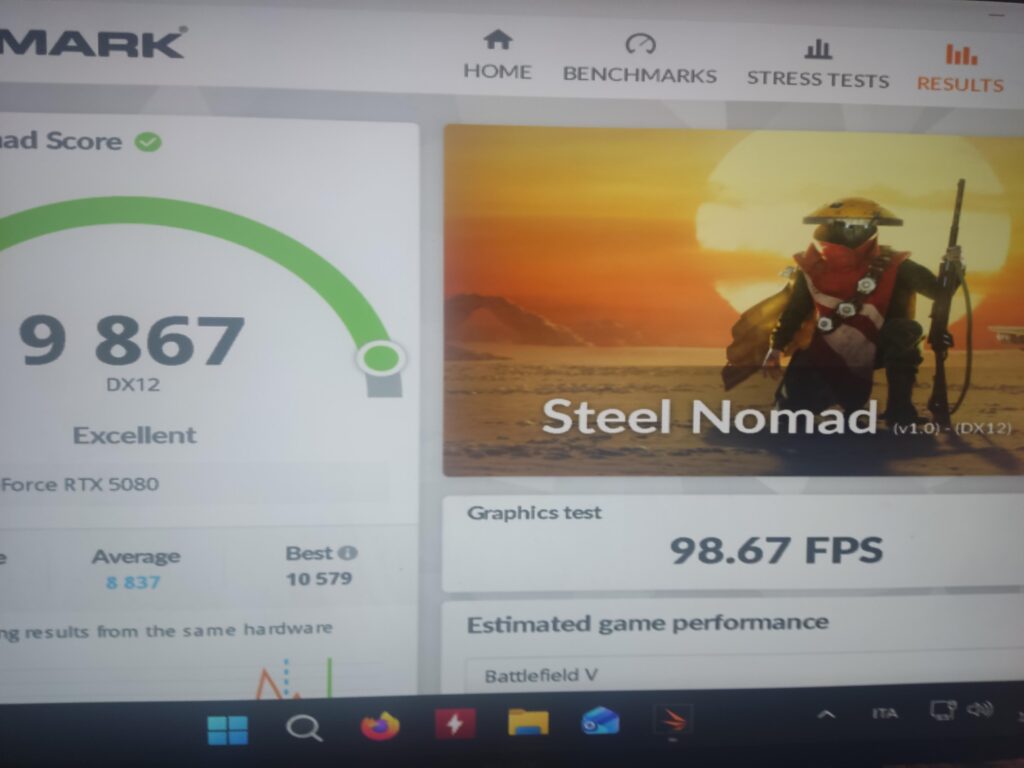 One of the best result of these days. With my rtx 5080 and my i-9-14900kf. 9867 points in 3dmark steel nomad. Using Gpu tweak with  3180 of boost clock and 36002 of memory clock.