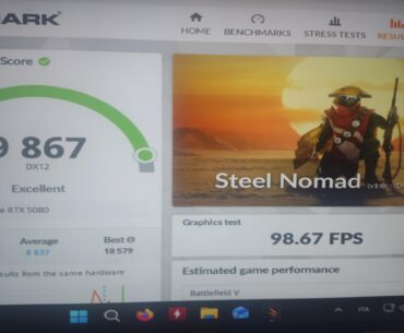 One of the best result of these days. With my rtx 5080 and my i-9-14900kf. 9867 points in 3dmark steel nomad. Using Gpu tweak with  3180 of boost clock and 36002 of memory clock.