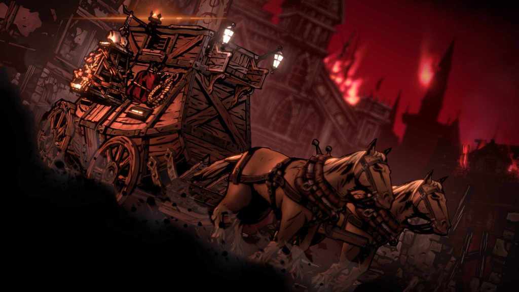 A stagecoach being drawn by horses, against the background of a dark and ominous red sky.
