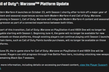 Warzone will stop being playable on PS4 and Xbox One later this year. The game won't be available to download starting with the Season 04 of Black Ops 7. The Store will be disabled on June 25th.