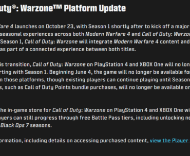 Warzone will stop being playable on PS4 and Xbox One later this year. The game won't be available to download starting with the Season 04 of Black Ops 7. The Store will be disabled on June 25th.