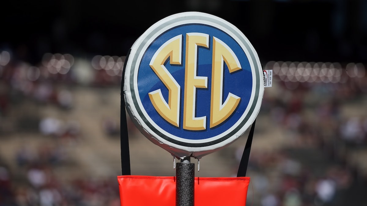 SEC logo displayed on the field at Wade Davis Stadium during a football game.